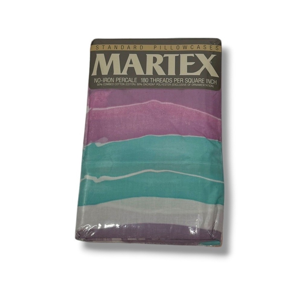 Martex Standard Pillowcases Purple Teal Windrifts Wave Vintage Percale USA 2pk